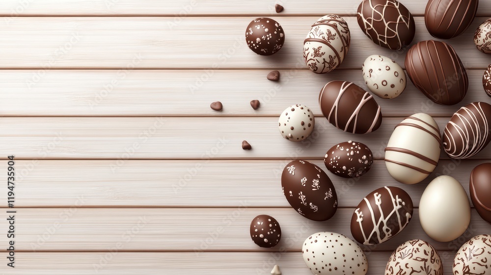 Easter composition with chocolate eggs on wooden background, space for text. 3d render realistic vector illustration. Easter composition with chocolate eggs on wooden background, space for text. 3d render realistic vector illustration.