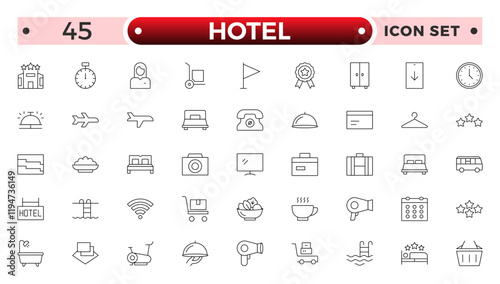 Hotel outline icons set. Rental property icons. Set of hotel booking, five-star hotel, service line vector web icon. Hotel universal set with Building, Parking, Meal, Air conditioner.