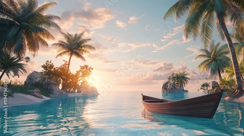 the boat is sailing on the turquoise water of the sea, around the palm trees