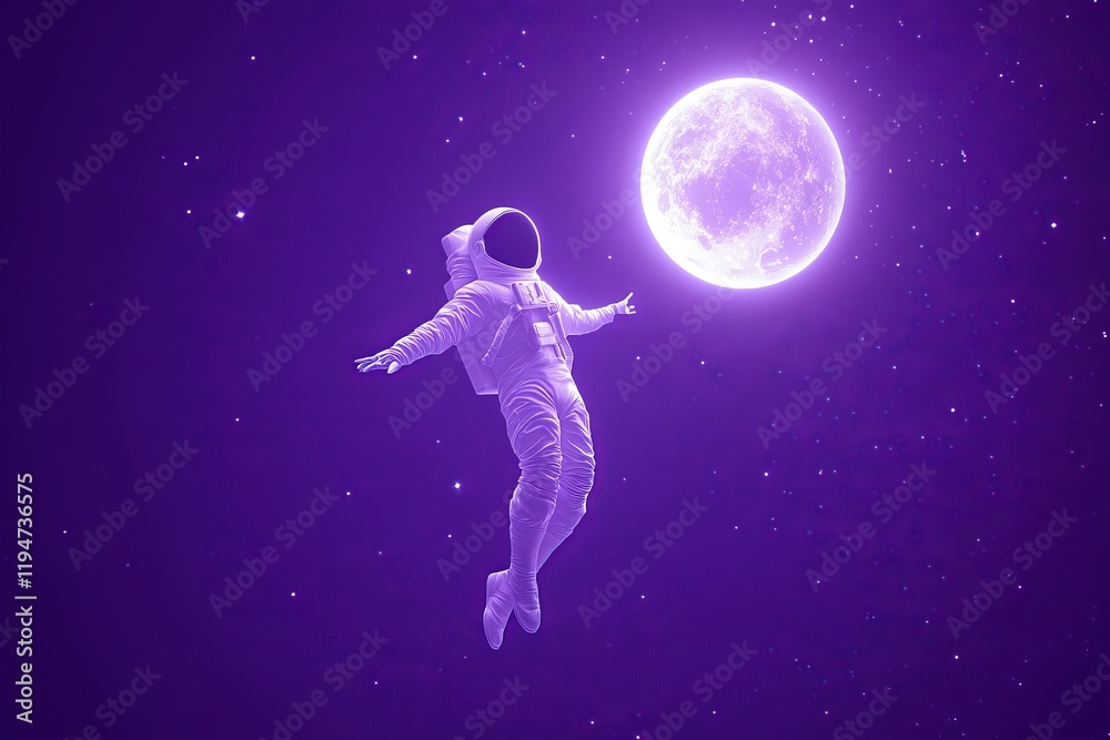 Moon and hovering astronaut in spacesuit on purple background Moon and hovering astronaut in spacesuit on purple background