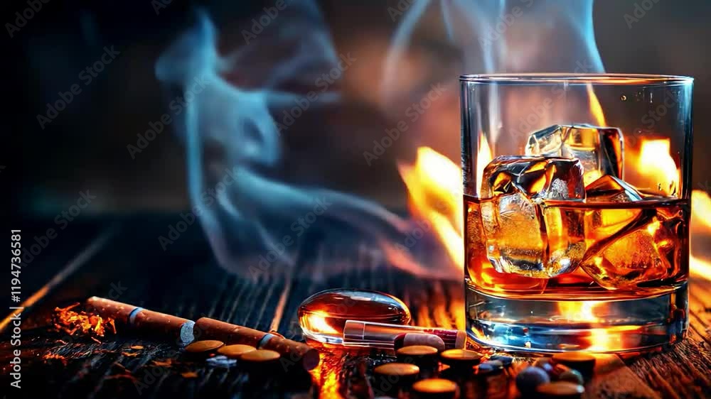 Video with a glass of whiskey surrounded by cigarettes and pills creates an atmosphere of thoughtfulness. Suitable for psychological trainings, social advertising, medical reviews.
