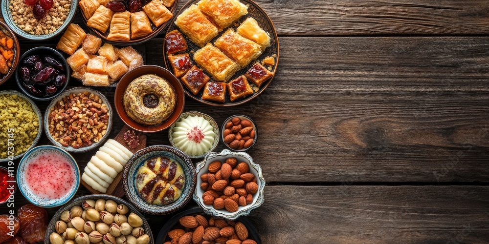 Assorted Middle Eastern sweets displayed on rustic wooden table, featuring honey baklava, nuts, and colorful confectionery. Assorted Middle Eastern sweets displayed on rustic wooden table, featuring honey baklava, nuts, and colorful confectionery.