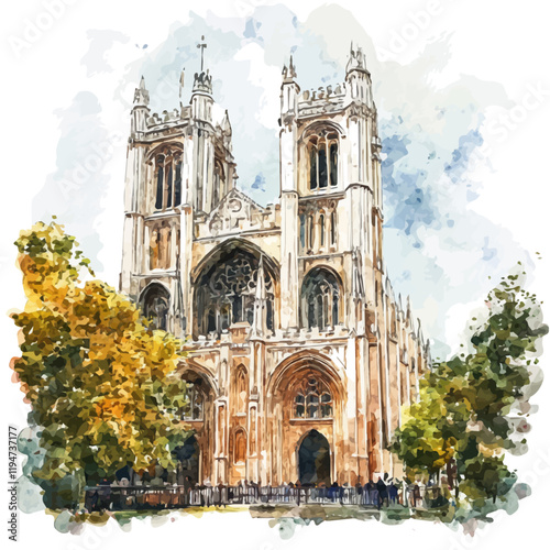 A watercolor vector of Westminster Abbey, isolated on a white background. Westminster Abbey vector.
