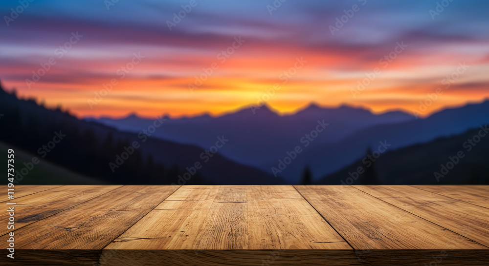 Rustic wooden table with stunning mountain scenery in the background, showcasing nature's beauty. Rustic wooden table with stunning mountain scenery in the background, showcasing nature's beauty.