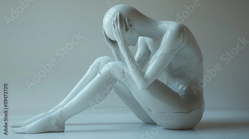 Minimalist White Humanoid in Pensive Pose. Generative AI photo