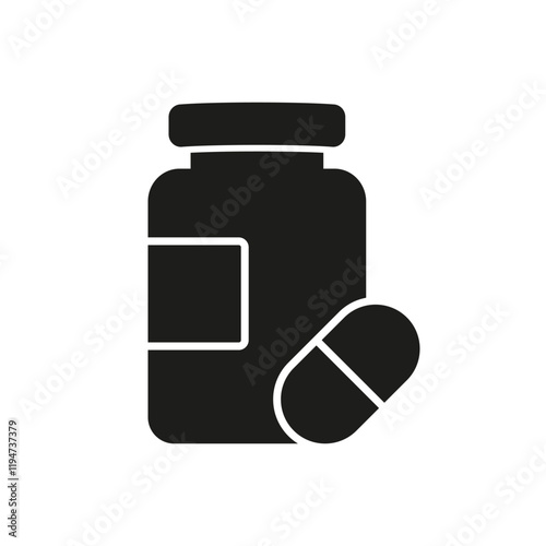 Supplement Bottle with Pill Silhouette Icon. Dietary Supplements and Vitamins in Pill Form for Health and Wellness. Isolated Vector Illustration