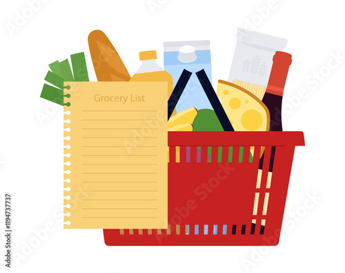 Basket filled up with a supermarket groceries, with a handy shopping list. Concept of buying food, products for cooking. Flat vector isolated, simplified stock illustration.