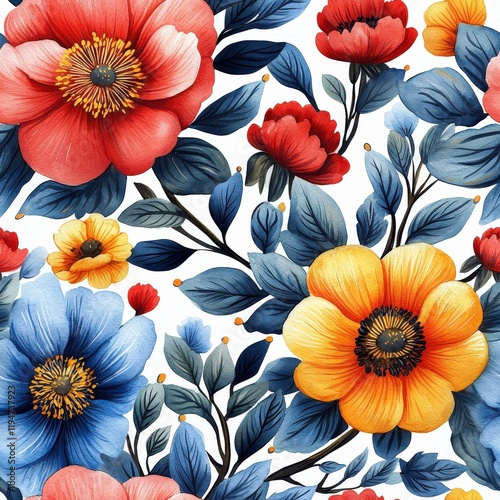 Wallpaper Mural Hand-Painted Watercolor Floral Pattern Featuring Peonies, Anemones, and Colorful Leaves on Bright Background Torontodigital.ca