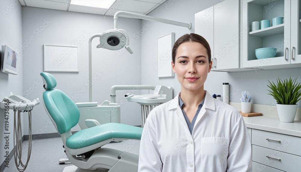 Obraz premium Professional female dental hygienist in a modern dental office with organized tools and soft lighting on International Dentist's Day