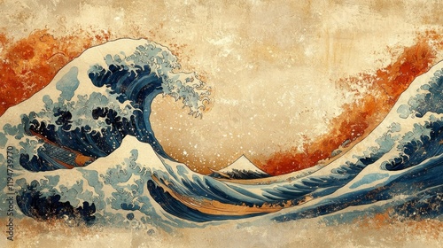Japanese-Style Ocean Wave Illustration. Generative AI