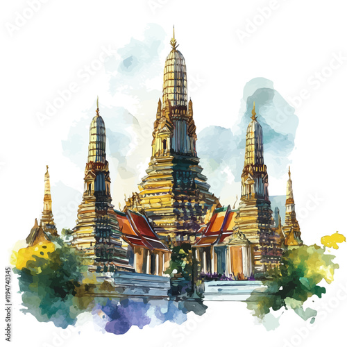 A watercolor drawing of Wat Pho, isolated on a white background. Wat Pho vector.

