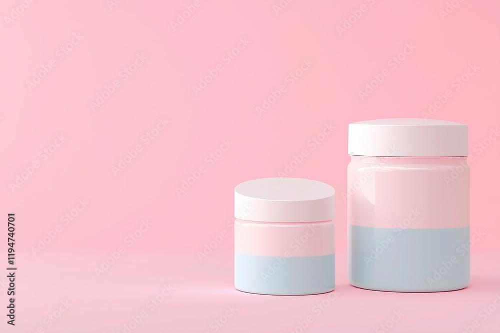 Pink and blue jars accompanied by ample copy space. This mockup is ideal for product presentation, packaging design or branding identity, offering a clean and stylish canvas to showcase your creations