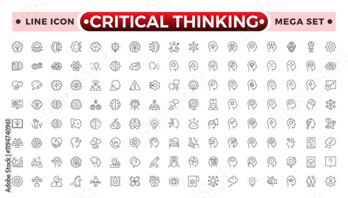 Critical thinking outline icon set. Containing think, problem-solving, analysis, reasoning, evaluation, experience, research, logic and listening icons.