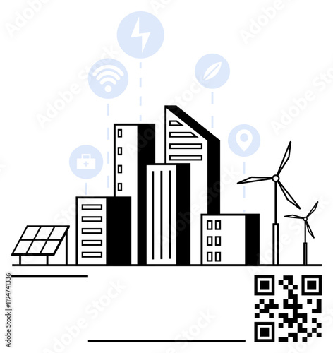 Urban landscape with skyscrapers, solar panel, wind turbines, QR code, icons for connectivity, energy, and sustainability. Ideal for green tech, IoT urban planning clean energy innovation