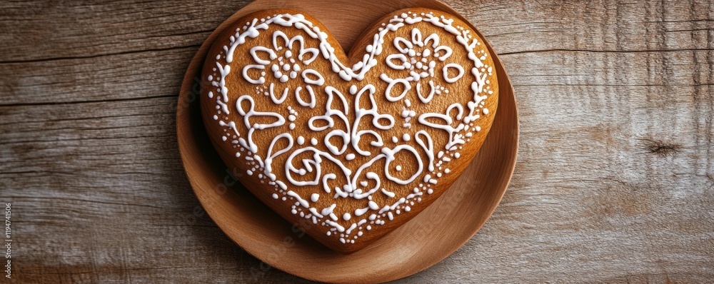 Wooden gingerbread heart with intricate icing details, classic holiday treat, cozy festive tradition. Wooden gingerbread heart with intricate icing details, classic holiday treat, cozy festive tradition.