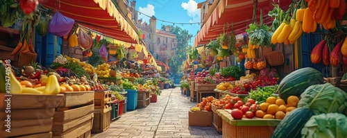 A vibrant farmers' market with fresh produce and colorful stalls, 4K photo. photo