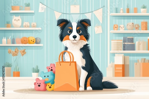 Illustration with border collie joyfully shopping for squeaky toys in a cheerful pet store filled with vibrant colors and playful decor