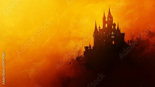 Orange background for Halloween with a dark castle silhouette