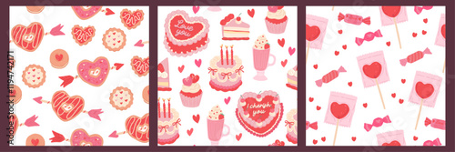 Collection of Love season, Valentines Seamless pattern  vector illustration of sweet desserts, cake, donut and candy
