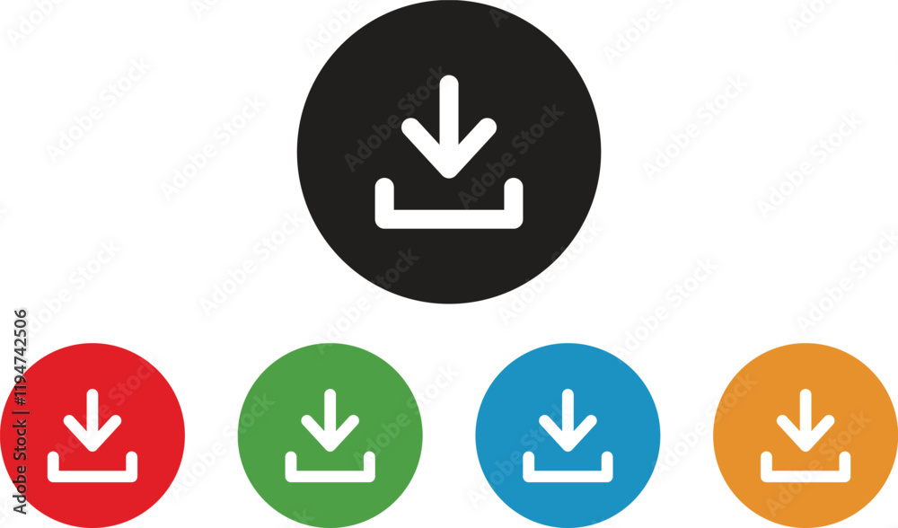 Vector icon set for downloading, importing and saving files in different colors. Save button. Vector illustration Vector icon set for downloading, importing and saving files in different colors. Save button. Vector illustration