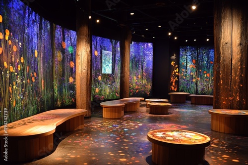 A mesmerizing digital forest installation is depicted with vibrant hues of flowers and trees, creating an immersive and enchanting artistic experience for visitors. photo