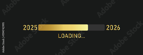 Golden loading progress bar of 2025, 2026 happy new year isolated on black background. New year concept.