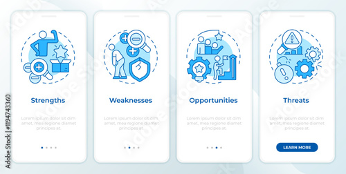 SWOT strategy blue onboardingmobile app screen. Business. Walkthrough 4 steps editable graphic instructions with linear concepts. UI, UX, GUI template. Montserrat SemiBold, Regular fonts used