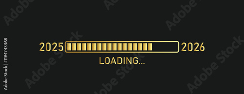 Loading progress bar of 2025, 2026. Golden loading bar on black background. Vector illustration.