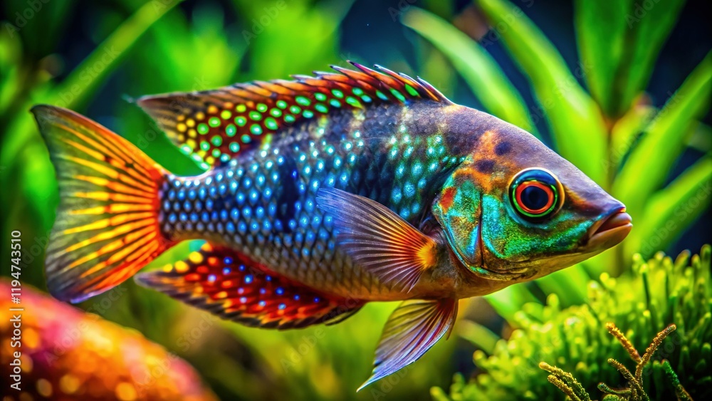 Macro Photography of Salvin's Cichlid Fish in Vibrant Aquarium Environment Macro Photography of Salvin's Cichlid Fish in Vibrant Aquarium Environment