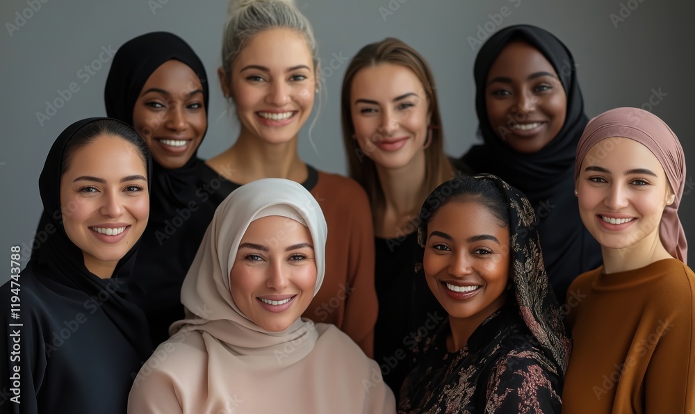 Diverse group of women showcasing beauty and unity, wearing hijabs and modern attire, smiling confidently in a studio setting Diverse group of women showcasing beauty and unity, wearing hijabs and modern attire, smiling confidently in a studio setting