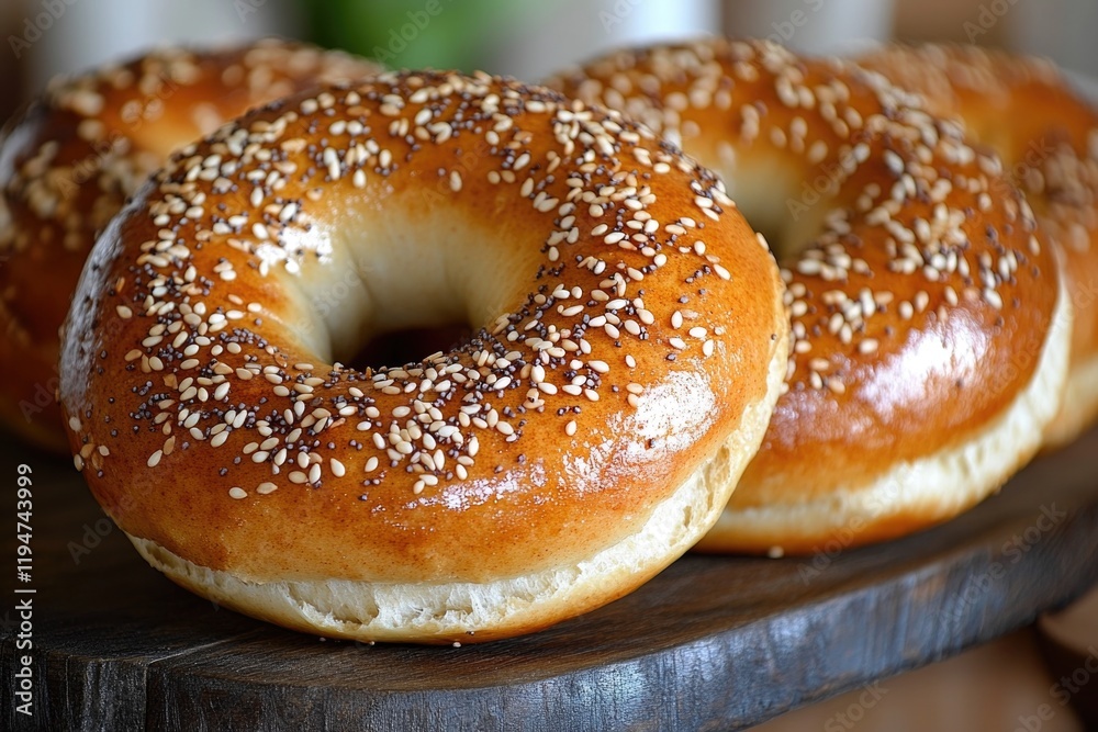 Freshly baked bagels displayed on a rustic wooden tray, perfect for breakfast or brunch Freshly baked bagels displayed on a rustic wooden tray, perfect for breakfast or brunch