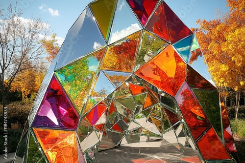 A fascinating prismatic mirrored structure reflecting vibrant surroundings, capturing a fusion of nature and modern design in an outdoor setting with bold colors.