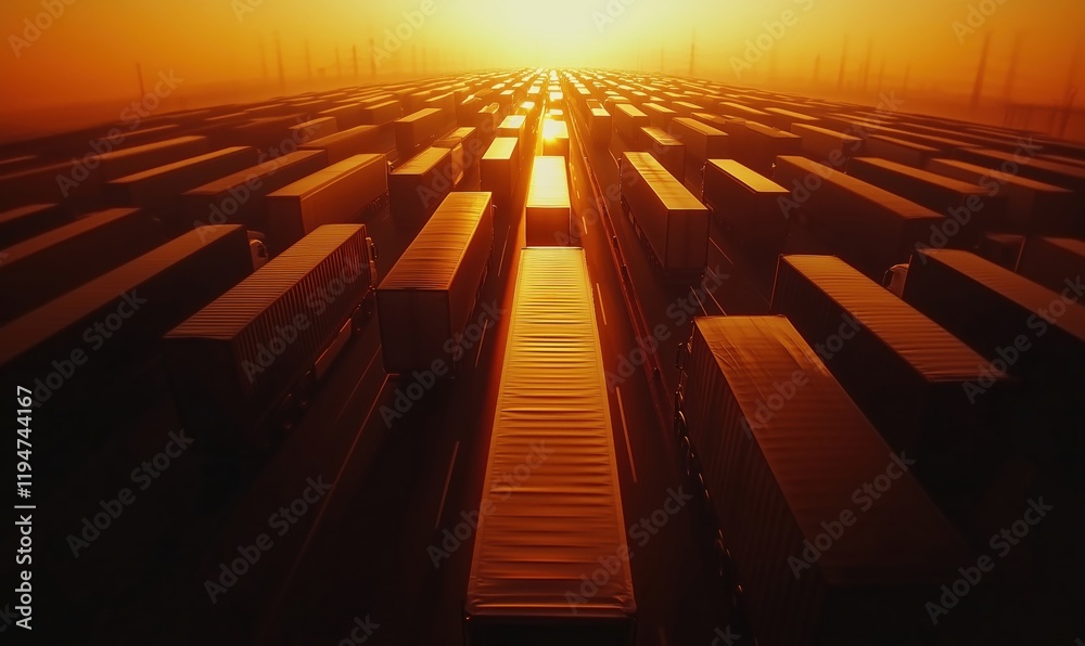 Obraz premium Trucks lined up in sunset glow, creating a mesmerizing pattern of shadows and light, showcasing transportation and logistics industry