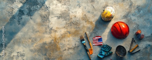 Top view of construction tools, safety helmet, gloves, and USA flag on a concrete surface photo