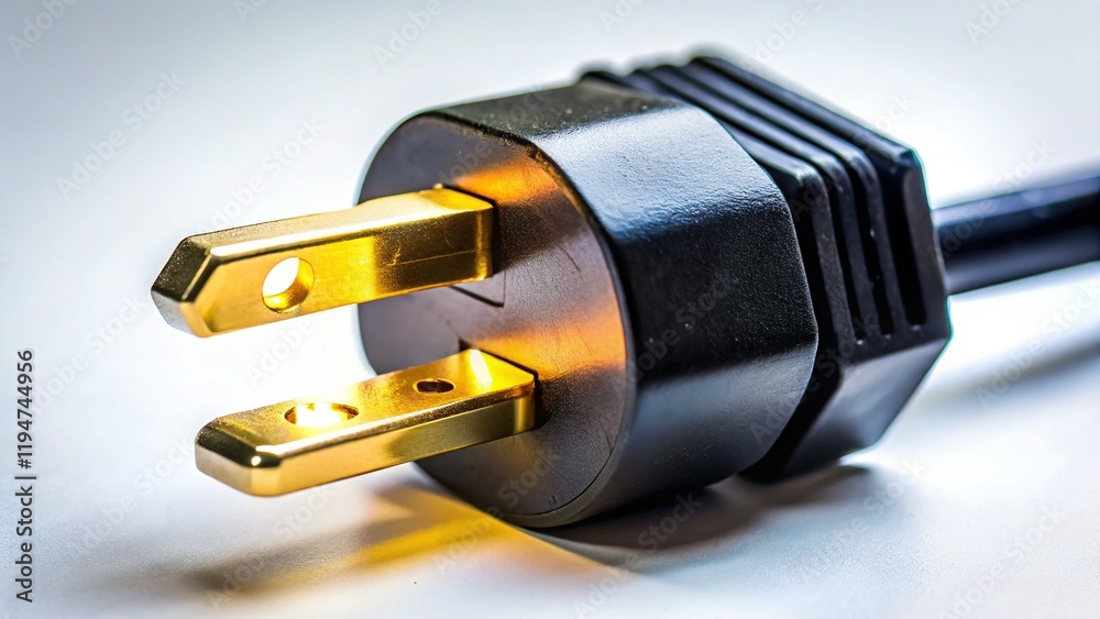 Night Photography: Isolated Three-Prong Electrical Plug on White Background - Stock Photo