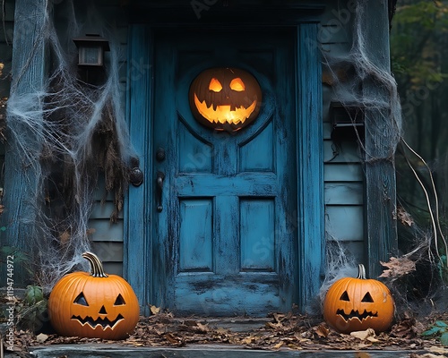 Jack-o'-lanterns on porch of spooky Halloween house. photo