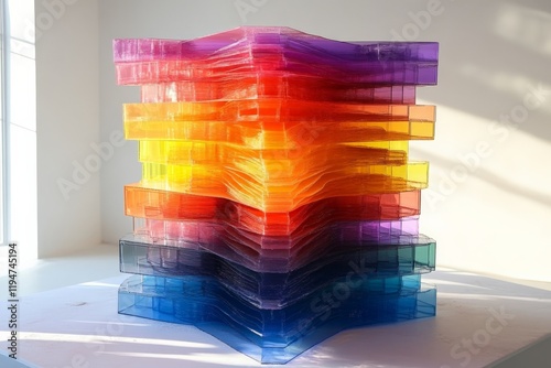 A colorful, angular glass sculpture with stacked layers of vibrant hues, artistically demonstrating a dynamic interplay of light and shadow in modern artistic style. photo