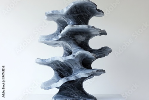 An abstract sculpture with layered stone formations and a twist of differing blue shades, evoking both a sense of depth and a dynamic movement. photo