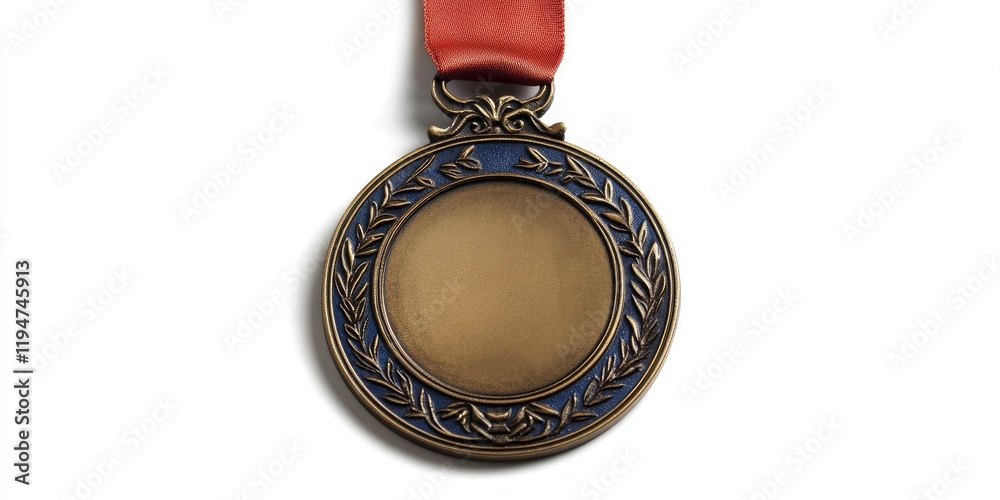 Bronze medal with blue and gold accents hanging from a red ribbon placed centrally on a pure white background designed for customizable text Bronze medal with blue and gold accents hanging from a red ribbon placed centrally on a pure white background designed for customizable text