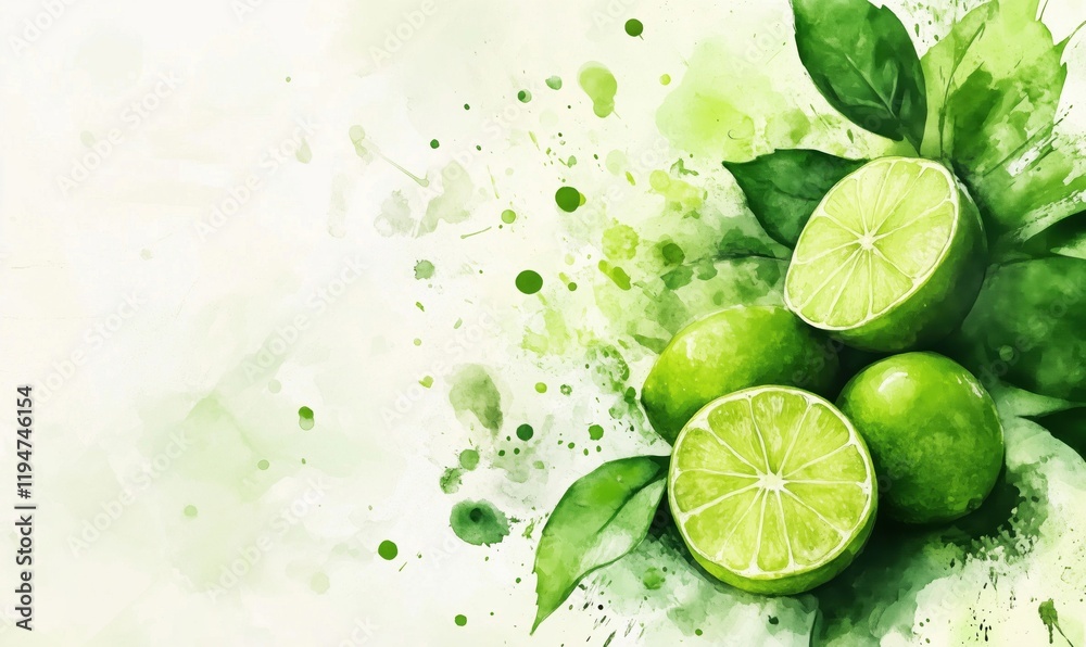 Fresh green limes with vibrant leaves and watercolor splashes, showcasing juicy citrus fruit and natural freshness Fresh green limes with vibrant leaves and watercolor splashes, showcasing juicy citrus fruit and natural freshness