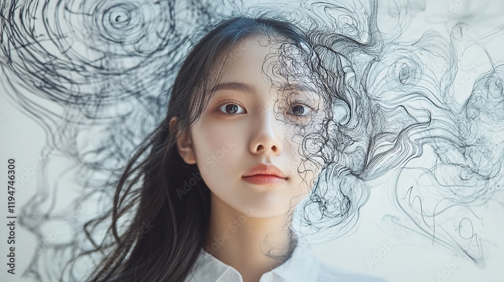 Fototapeta premium Conceptual artwork of a young Asian woman's half head with swirling doodles representing inner conflict and emotional growth. Ideal for psychology and mindfulness.