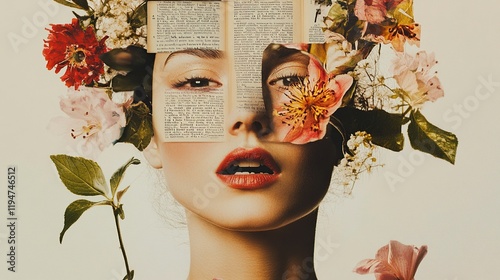 Creative collage poster banner woman cutout face fragment opened mouth say talk speak quote literature book text blooming flowers head