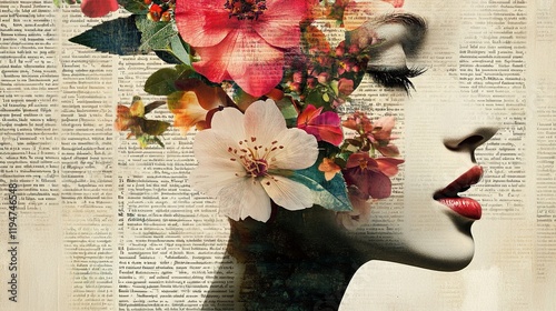 Creative collage poster banner woman cutout face fragment opened mouth say talk speak quote literature book text blooming flowers head