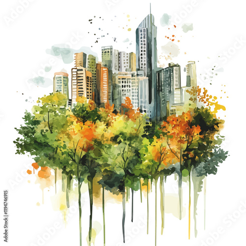 A watercolor drawing of urban ecosystems, isolated on a white background. Urban ecosystems vector.
