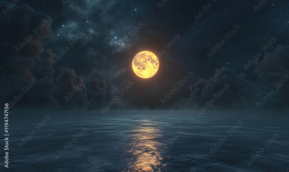 Fototapeta premium Majestic full moon illuminating tranquil ocean waters under starry night sky, surrounded by dramatic clouds