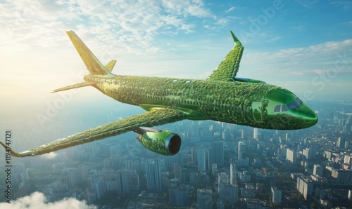 Wallpaper Mural Eco-friendly airplane design featuring green foliage and urban skyline, symbolizing sustainable aviation and environmental awareness Torontodigital.ca