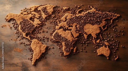 Coffee world map crafted from coffee beans and ground coffee showcasing the global appreciation for this beloved beverage, symbolizing the diverse coffee cultures around the world