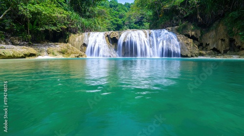 Tranquil Waterfall in Lush Tropical Paradise