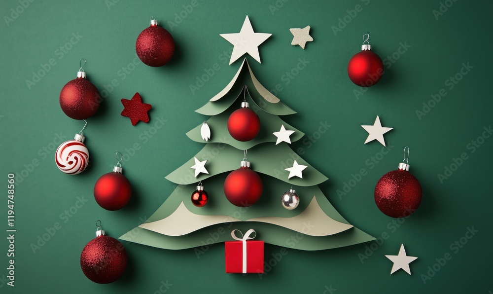 Christmas tree decoration with red ornaments, stars, and gift box on green background, festive holiday theme Christmas tree decoration with red ornaments, stars, and gift box on green background, festive holiday theme