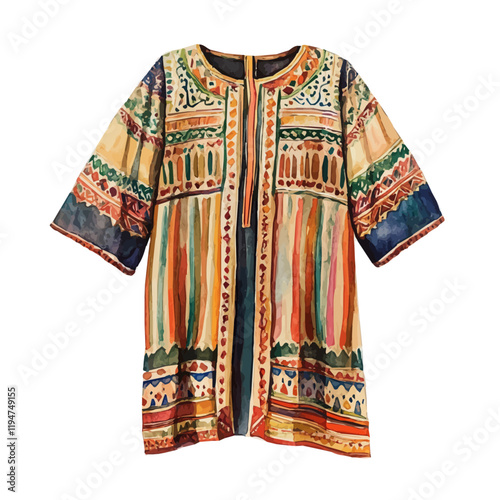 A watercolor of a tunic from Turkmenistan, isolated on a white background. Tunic from Turkmenistan vector.
